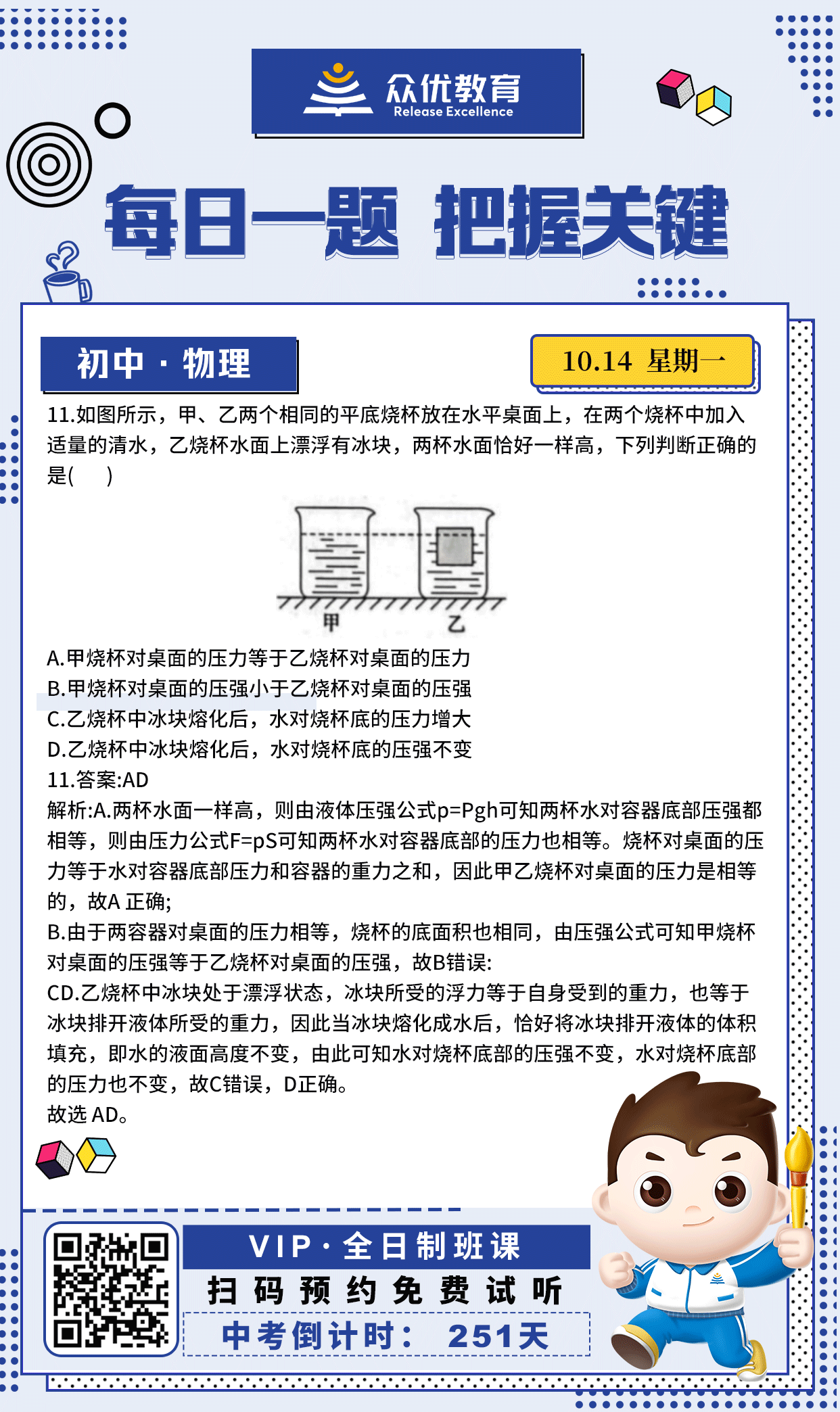 【初中物理 · 每日一练】：考查浮力压强的综合应用(图1)