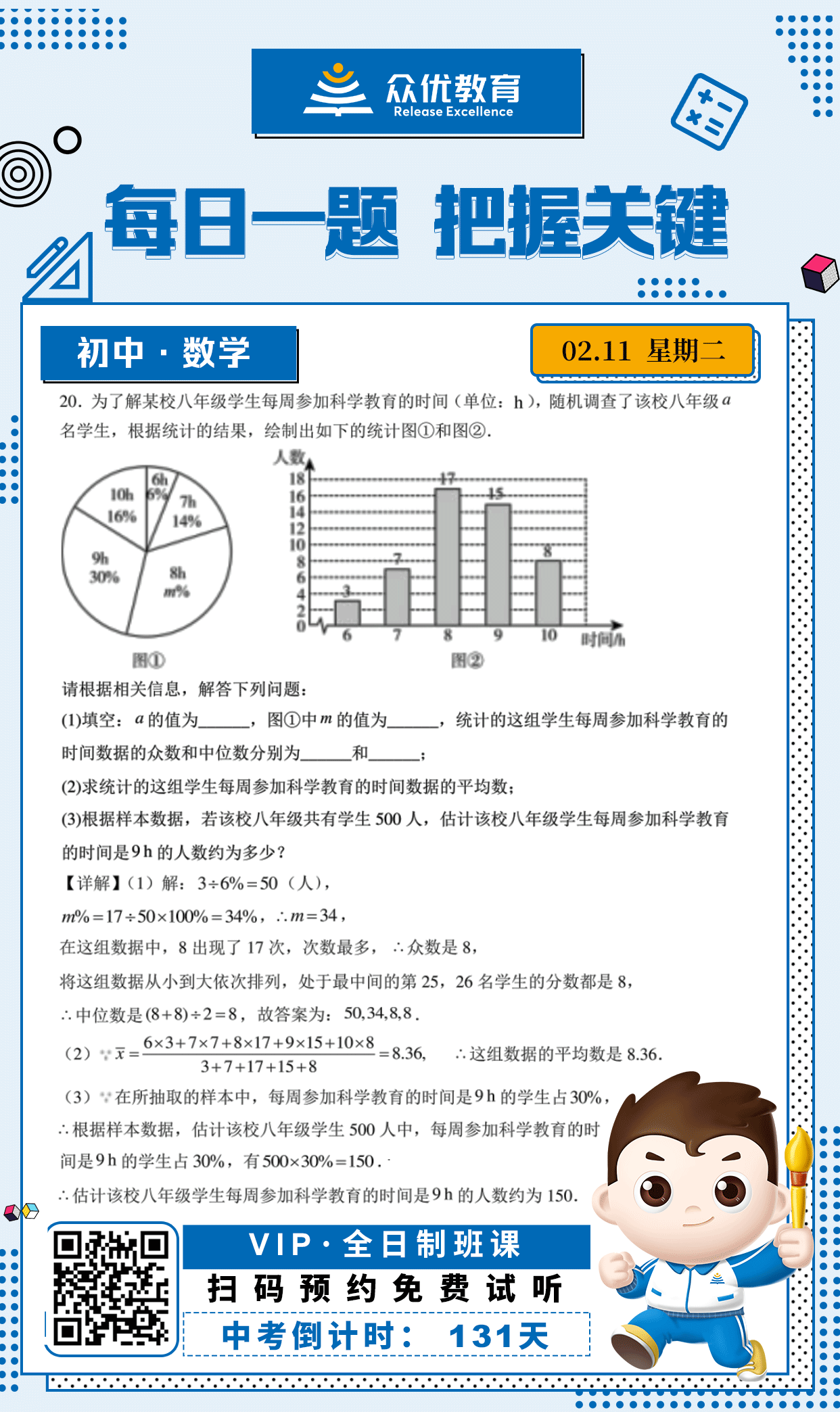 【初中数学 · 每日一练】：考查统计图表的应用+样本容量计算+百分比计算+众数和中位数+平均数计算+用样本估计总体(图1)